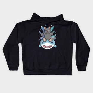 Cat Rides Swimming Shark Kids Hoodie